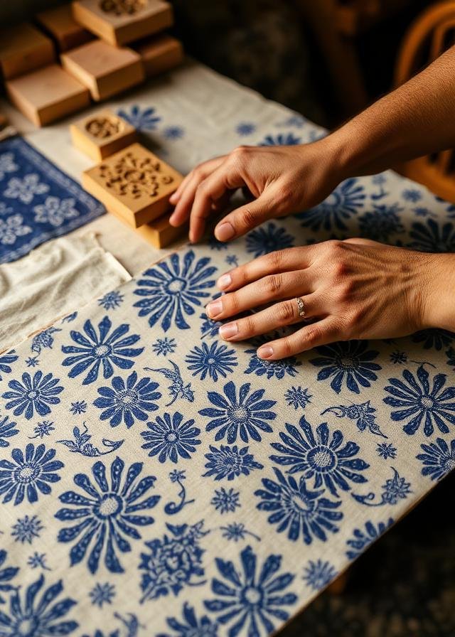 Hand block printing with carved wooden blocks