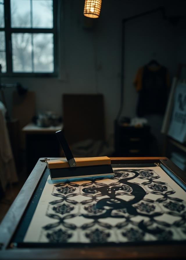 Screen printing studio squeegee on fabric